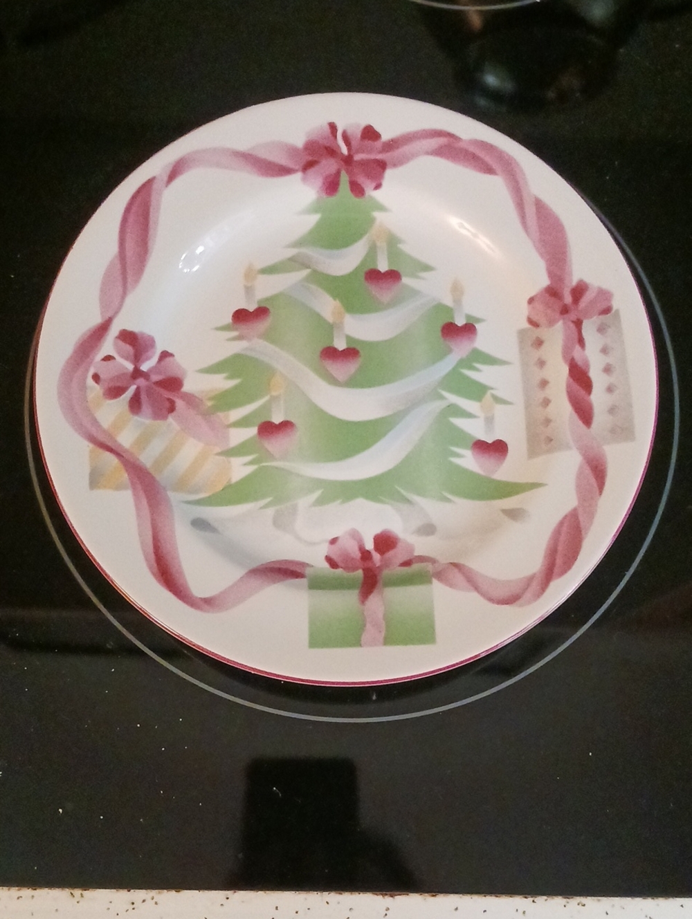 Sango Christmas Small Petite Dessert Cake Plate 8"🎄Tree with Pink 🎀 Accents